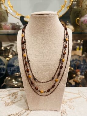 Vintage Boho 3-Strand Wood Bead Necklace | Antique Bronze Filigree